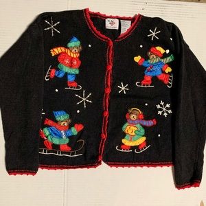 Vintage Ugly Christmas Sweater Ice Skating Teddy Bear